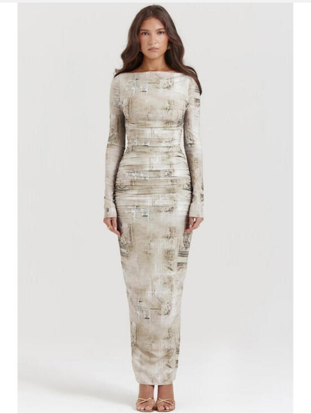 NWOT House of CB Beige/Green News-Print Long Sleeve Ruched Maxi Dress